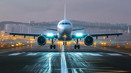 A modern airplane takes off into a colorful sunset, highlighting the beauty of flight and travel.