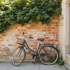 Fototapeta premium A vintage bicycle parked beside an old brick wall 