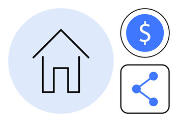 House icon with dollar sign and sharing network, representing real estate, investment, home buying, financial planning, property sharing, marketing, and collaboration. Ideal for simple landing page