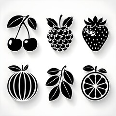 Black Fruit Silhouette Icons – Minimalist Vector Set of Six Fruits on White Background 