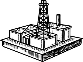 Obraz premium Oil extraction facility with drilling rig and industrial buildings energy production, petroleum infrastructure illustration