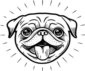 Smiling pug face illustration cute dog head with tongue out, playful joyful pet animal drawing