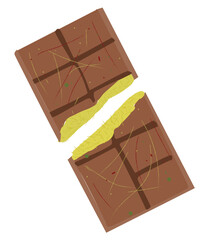Dubai chocolate. Broken bar of Dubai chocolate with creamy pistachio filling and crispy kataifa dough, 
