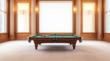A luxurious billiards room with a centered table, warm lighting, and empty left side for text.