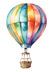 Vibrant Watercolor Hot Air Balloon with Multicolored Panels and Wicker Basket on White Background

