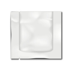 Blank white square three-side seal sachet packet with tear notches. 3d mockup. Plastic pouch bag. Realistic vector mock-up. Food, medical or cosmetic product individual package. Template for design