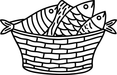 Obraz premium Fresh fish in woven basket hand drawn seafood illustration, catch of the day, marine food black and white line art