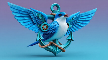 Obraz premium Blue Bird Perched on Anchor with Gears Nautical Steampunk Illustration