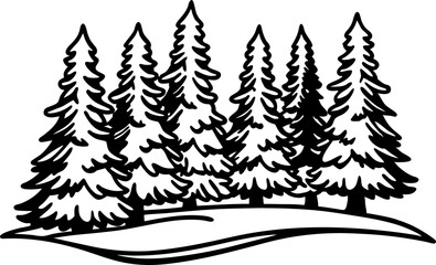 Obraz premium Evergreen pine trees silhouette group on hill coniferous forest landscape, hand drawn nature illustration