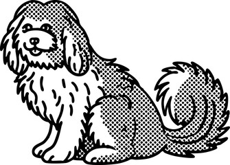Fluffy long haired dog illustration in vintage stipple cute sitting pet with thick fur and bushy tail, black white drawing