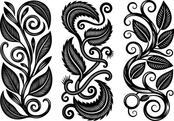 Dynamic silhouette of tropical vines with tribal-filled leaves, ideal for summer decor, botanical prints, and rhythmic wall art