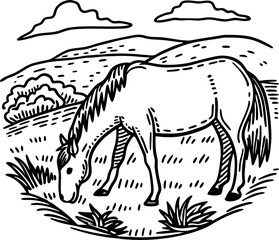 Horse grazing in open grassy field mountain landscape, rural countryside scene, peaceful natural environment