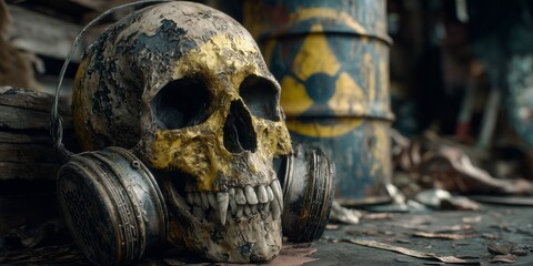 A skull with vintage headphones, rests near a barrel, with toxic sign, in a dimly lit, industrial setting, surrounded by additional barrels, debris. The eerie atmosphere and detailed textures.