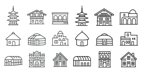 Collection of buildings in different styles and sizes. Some of the buildings have domes, while others have arched windows. The buildings are arranged in a row, with some closer together