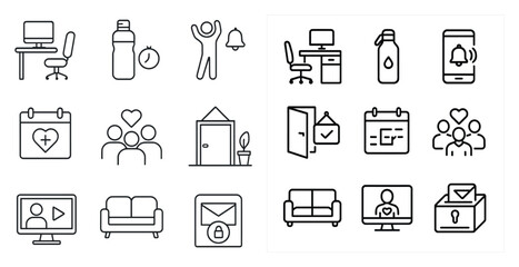 Set of icons for a home office. The icons include a computer, a keyboard, a mouse, a chair, a desk, a bottle, a clock, a cell phone, a laptop, a book, a person, a plant