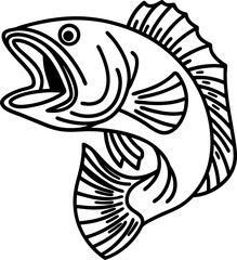 Obraz premium Open mouth bass illustration jumping freshwater fish outline, bold black lines, aquatic wildlife art