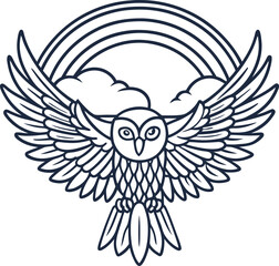 Obraz premium Flying owl with spread wings, rainbow and clouds outline majestic bird, freedom, nature and wildlife illustration