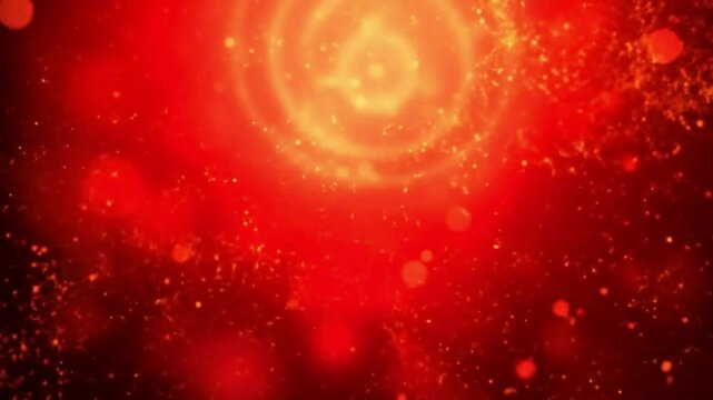 An animated digital artwork depicting a vibrant red background interspersed with glittering gold particles.