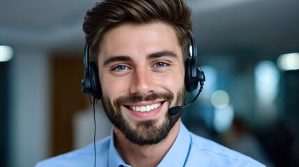 Smiling man with headset in office environment, showcasing customer service professionalism and approachability