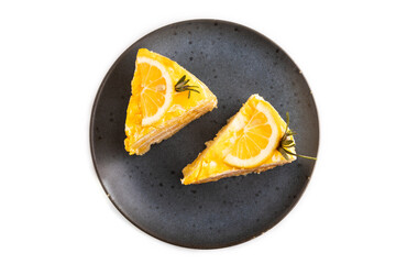Lemon cake isolated on white, top view, flat lay, close up