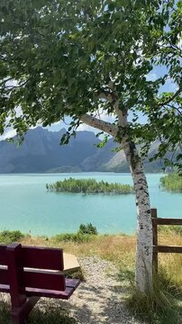 Scenic view of a reservoir Pico Gilbo and mountains from a bench under a tree in Ria&ntilde;o, Spain