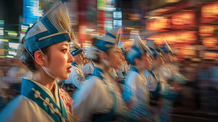 Traditional Female Dancers in Blue Costumes Performing at Night during Awa Odori Festival in Japan's Lively Summer Celebration