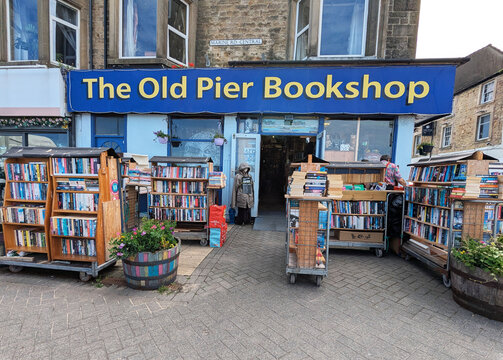 The front entrance to the Old Pier Bookshop on the seafront at Morecambe, Lancashire, England, UK.