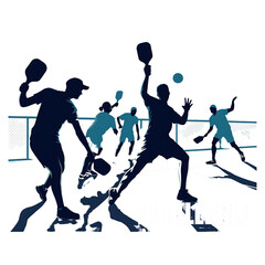 Dynamic Pickleball Players Silhouettes on Court with Net