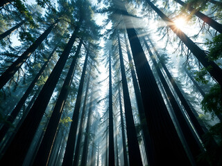 A low-angle view of tall forest trees with sunlight streaming through, symbolizing nature and freshness. Generative AI