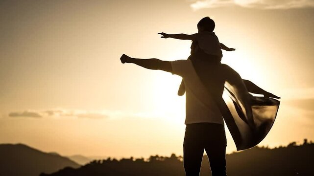 Silhouette of a father carrying a child on his shoulders at sunset