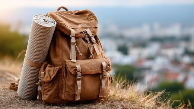 Backpack with hiking gear and yoga mat on grassy hill during golden hour with mountain landscape in background