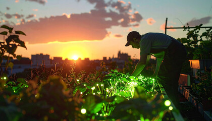 A surreal futuristic urban farmer tending to bioluminescent plants on a rooftop garden at sunset, hyper-detailed textures, unique composition, unseen concept, highly creative and imaginative.