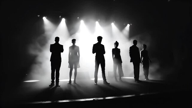 Black and white flashback style motion cut of performers silhouetted on stage with spotlights beaming into haze
