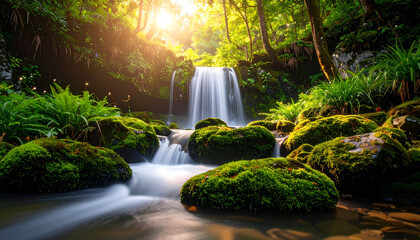 A waterfall flowing over floating moss-covered stones, surrounded by glowing bioluminescent plants, surreal nature concept, soft morning light, unique stock-ready composition, unseen on Adobe Stock.