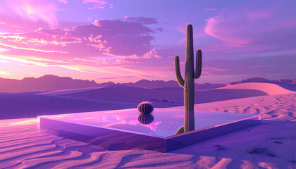 A lone cactus growing on a glass platform in a futuristic desert with mirrored sand dunes and a glowing violet sky, never-before-seen natural concept, shot with cinematic depth of field.