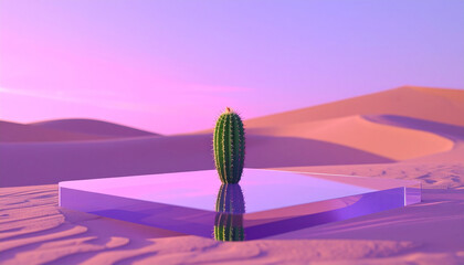 Unseen lone cactus growing on a glass platform in a futuristic desert with mirrored sand dunes and a glowing violet sky, never-before-seen natural concept, shot with cinematic depth of field.