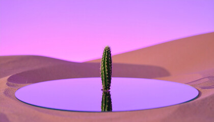 Unseen lone cactus growing on a glass platform in a futuristic desert with mirrored sand dunes and a glowing violet sky, never-before-seen natural concept, shot with cinematic depth of field.