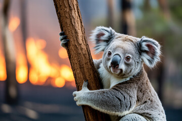 Close up of koala bear clinging to tree with burning forest fire in blurry background. Concept of wildlife endangered by forest fires and environmental crisis.