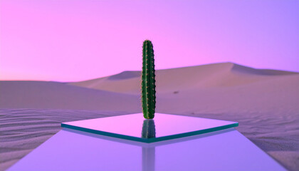 A lone cactus growing on a glass platform in a futuristic desert with mirrored sand dunes and a glowing violet sky, never-before-seen natural concept, shot with cinematic depth of field.