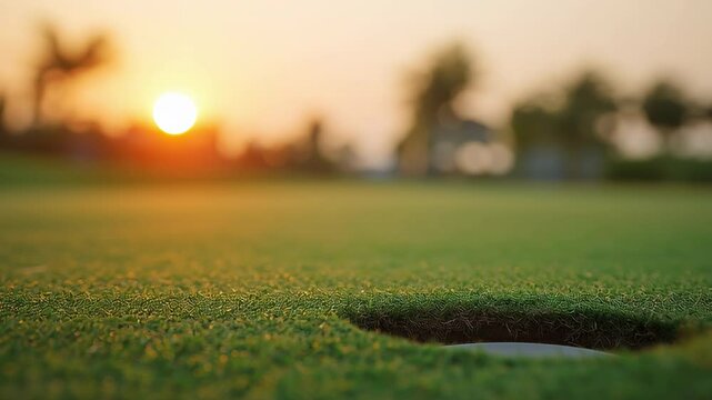 A golf ball is sitting in a hole on a green grass field. The sun is setting in the background