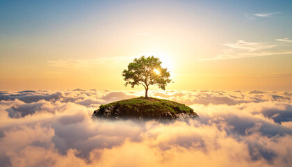 A single tree standing on a floating island above clouds during golden hour, light fog, surreal composition, concept of isolation and beauty, ideal for commercial use, unique nature scenery.