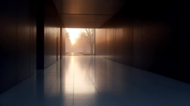 Calm dawn scene with empty gallery walkways bathed in subtle light