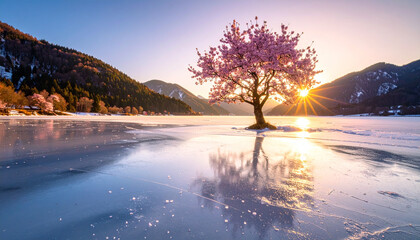 A blooming cherry blossom tree in the middle of a frozen lake, soft lighting, blending spring and winter, never-seen-on-stock photo, ideal for book covers and posters.