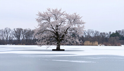 A blooming cherry blossom tree in the middle of a frozen lake, soft lighting, blending spring and winter, never-seen-on-stock photo, ideal for book covers and posters.