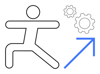 Abstract figure in active stance with two gears and a blue upward arrow. Ideal for growth, progress, teamwork, innovation, self-development, technology, simple landing page