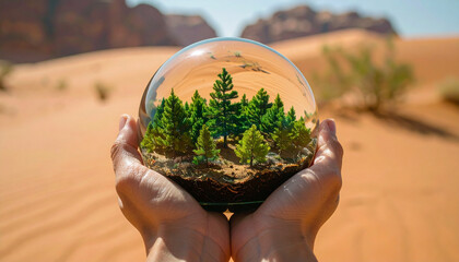 A concept of a miniature forest growing inside a glass sphere held by human hands in a desert, environmental message, nature elements, ad-ready, highly original, stock-approved composition.