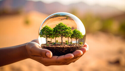 A concept of a miniature forest growing inside a glass sphere held by human hands in a desert, environmental message, nature elements, ad-ready, highly original, stock-approved composition.