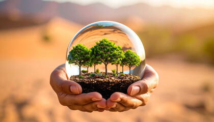 Environmental concept. A concept of a miniature forest growing inside a glass sphere held by human hands in a desert, nature elements, ad-ready, highly original, stock-approved composition.