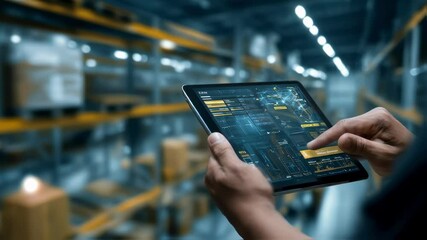 Tablet displaying logistics network in modern warehouse, highlighting technology for efficient production - Powered by Adobe