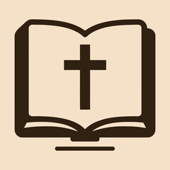 Obraz premium Bold open Bible icon with cross on cream background. Vector.